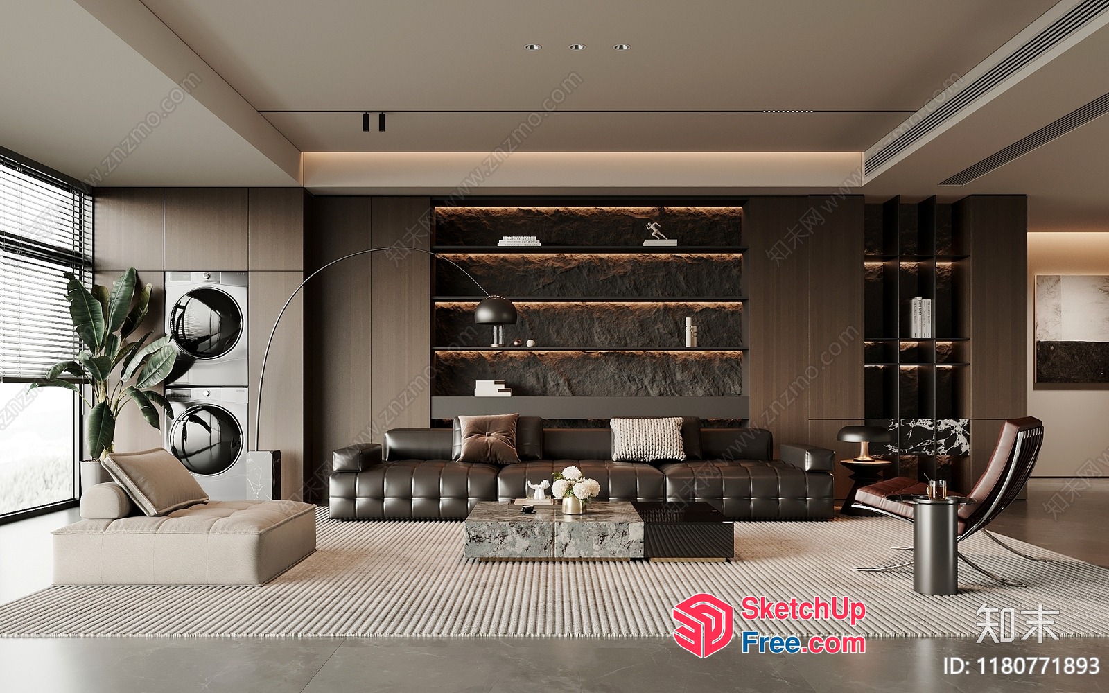Modern Living Room With Leather Sofa And Marble Coffee Table 3D SketchUp File