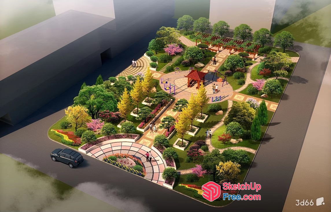 Aesthetic Garden Park With Pathways And Play Area 3D SketchUp File
