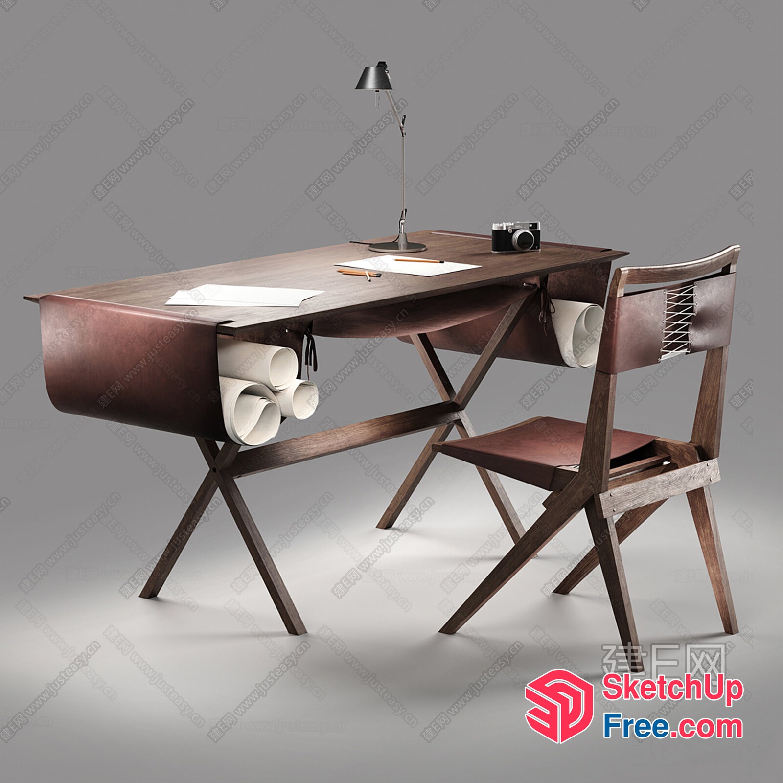 Brown Leather And Wood Desk And Chair 3D SketchUp File