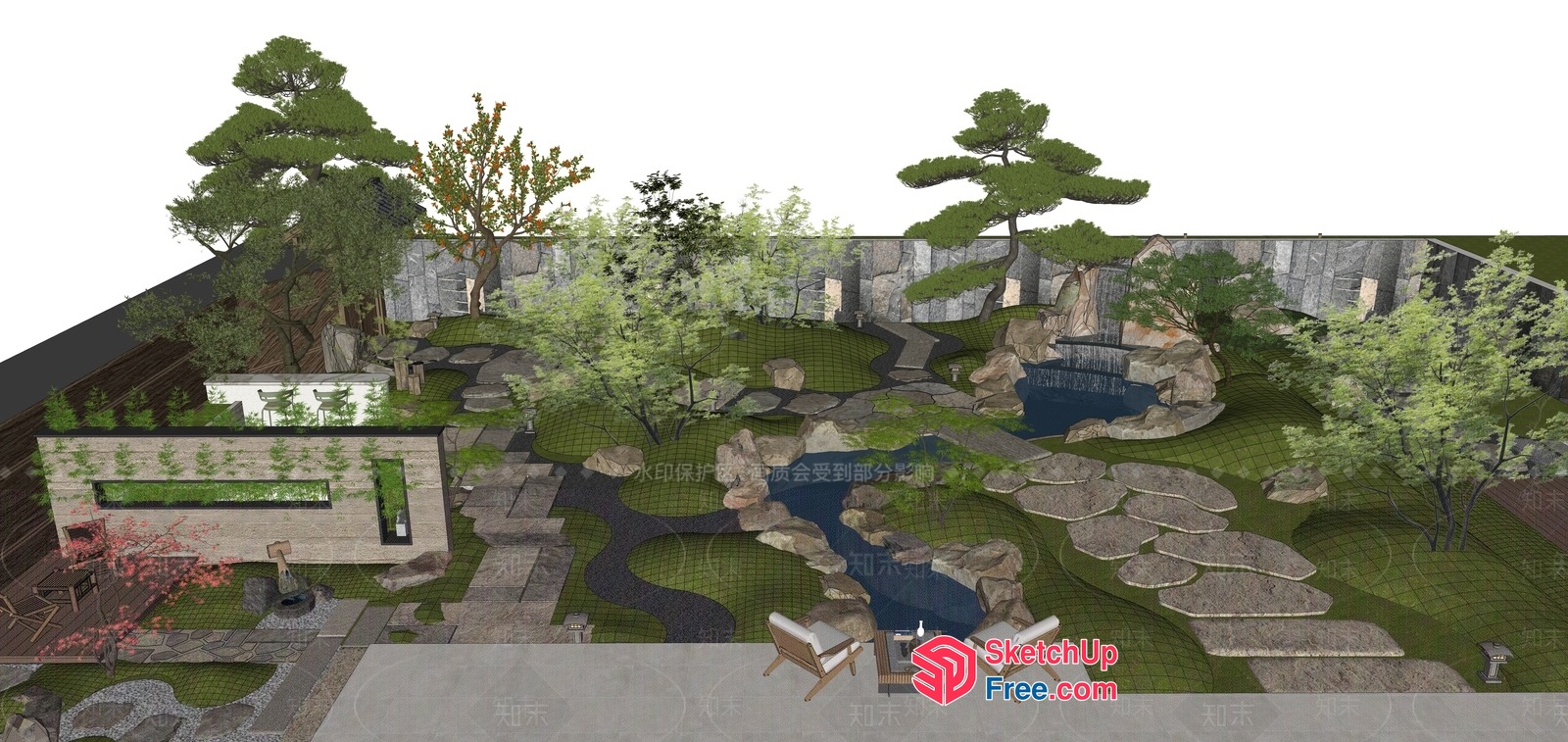 Japanese-Style Garden With Waterfall And Tea House 3D SketchUp File