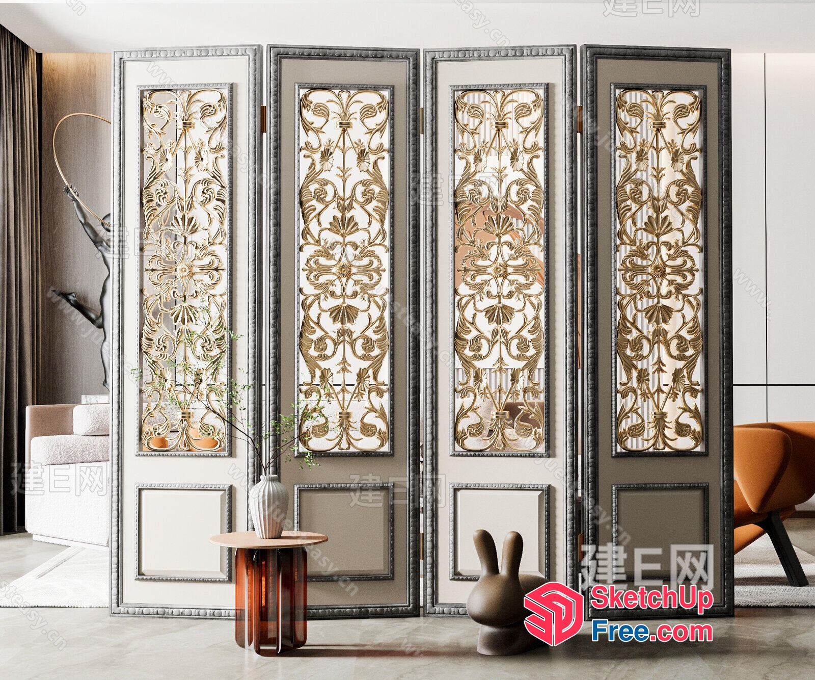 Ornate Partition Screen With Gold Floral Design 3D SketchUp File
