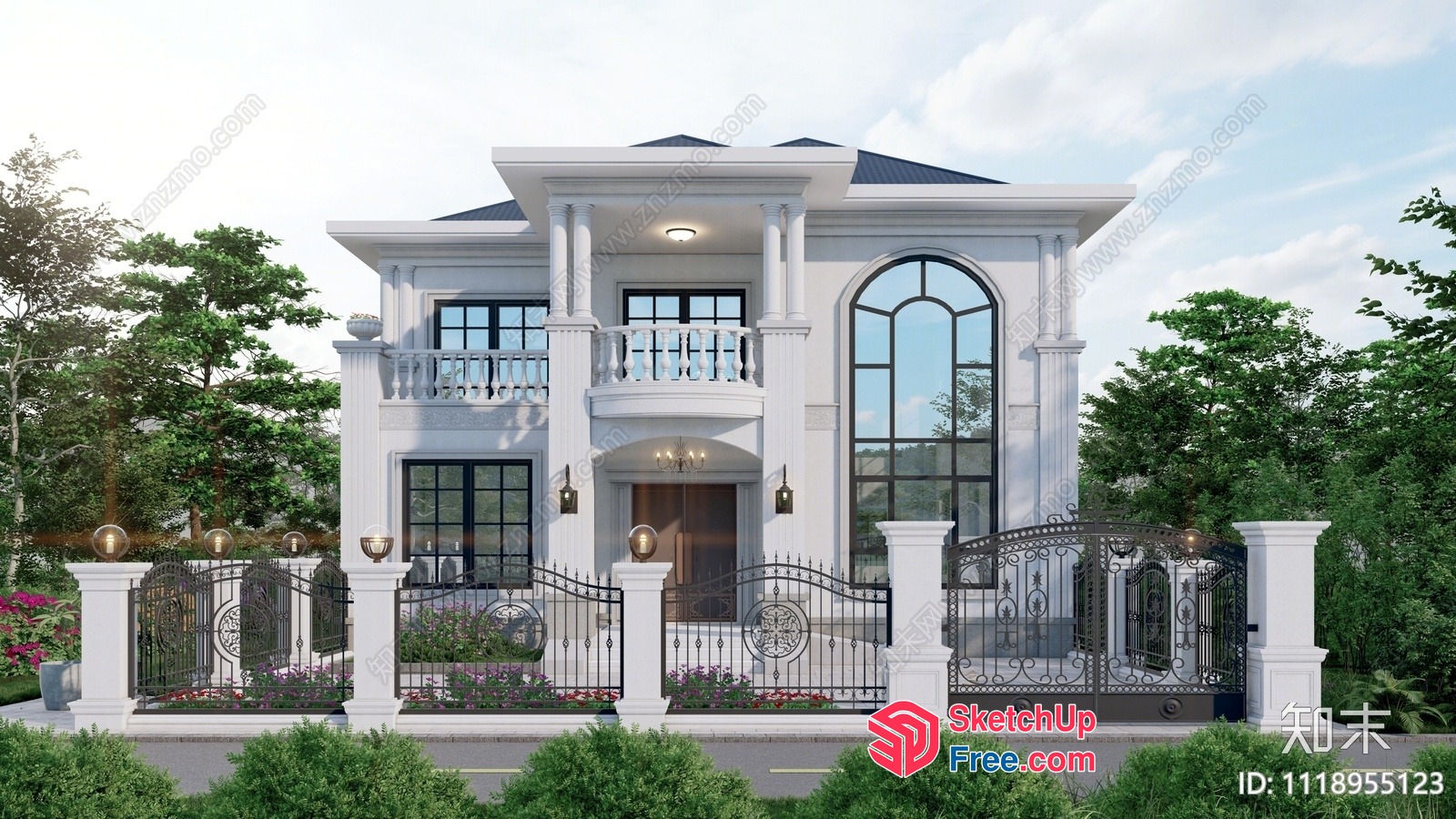 Classic European Villa Exterior With Elegant Pillars And Railing 3D SketchUp File
