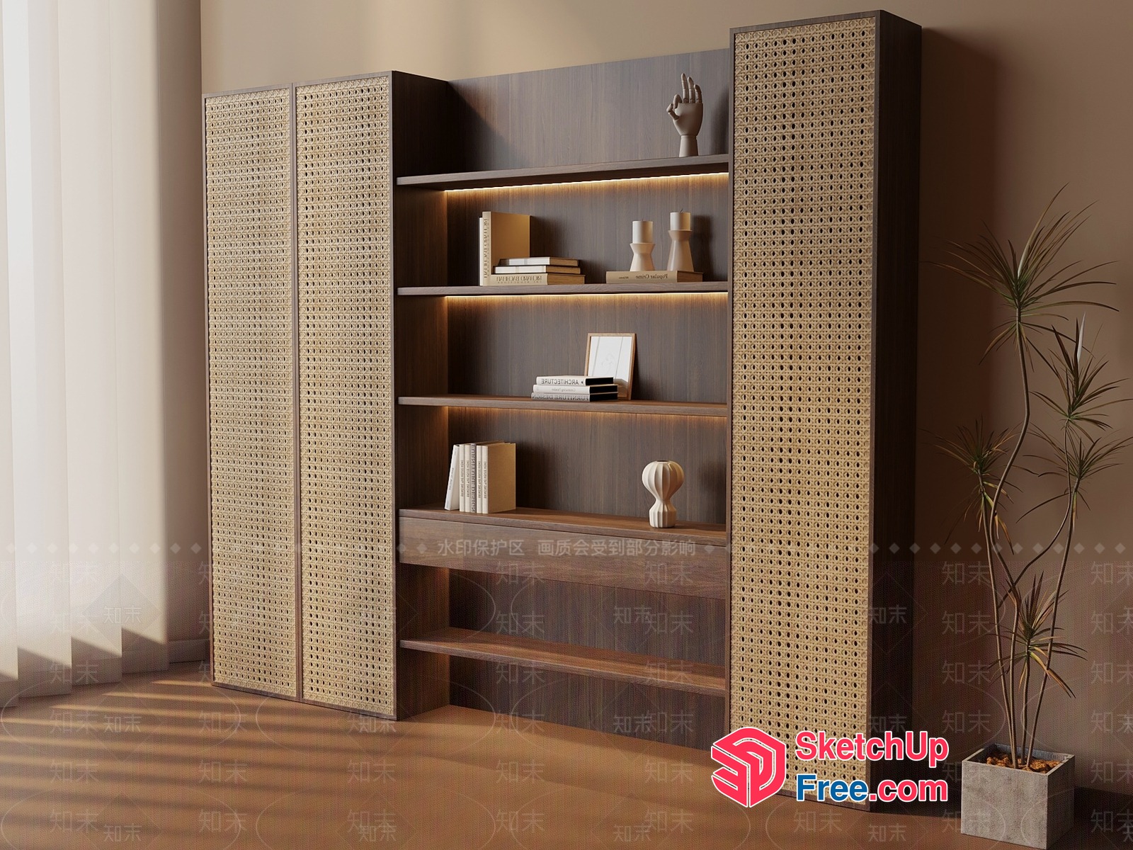 Modern Bookcase With Rattan Accent 3D SketchUp File