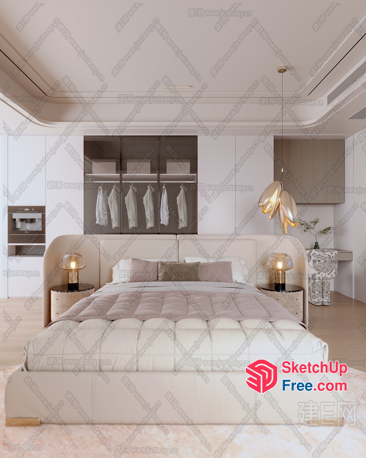 Elegant Modern Bedroom With Creamy Style And Minimalist Decor 3D SketchUp File