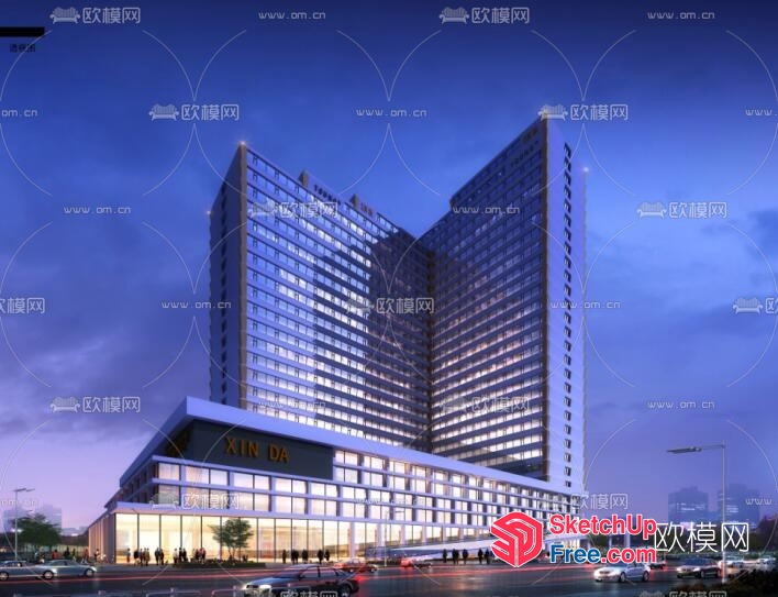 Modern Office Building With Glass Curtain Wall And Cars Parked Outside 3D SketchUp File
