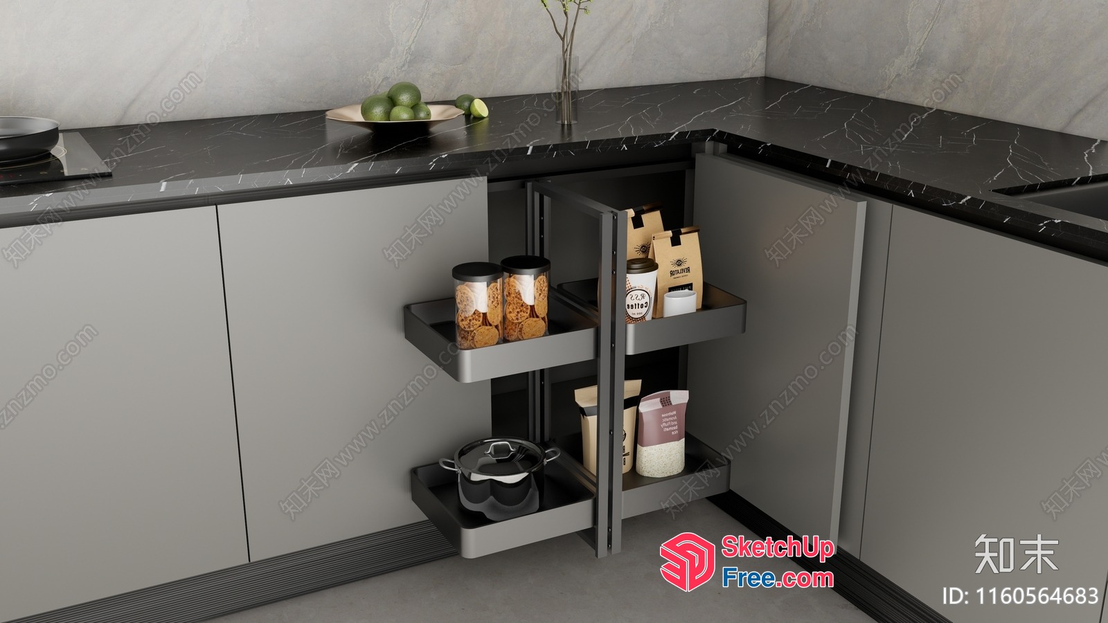 Modern Kitchen Pantry With Grey Cabinets And Black Countertops 3D SketchUp File