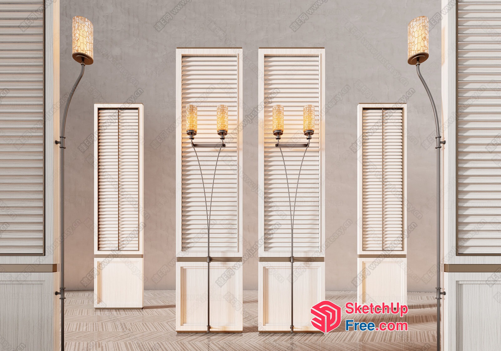 Elegant White Wooden Interior With Floor Lamps And Blinds 3D SketchUp File