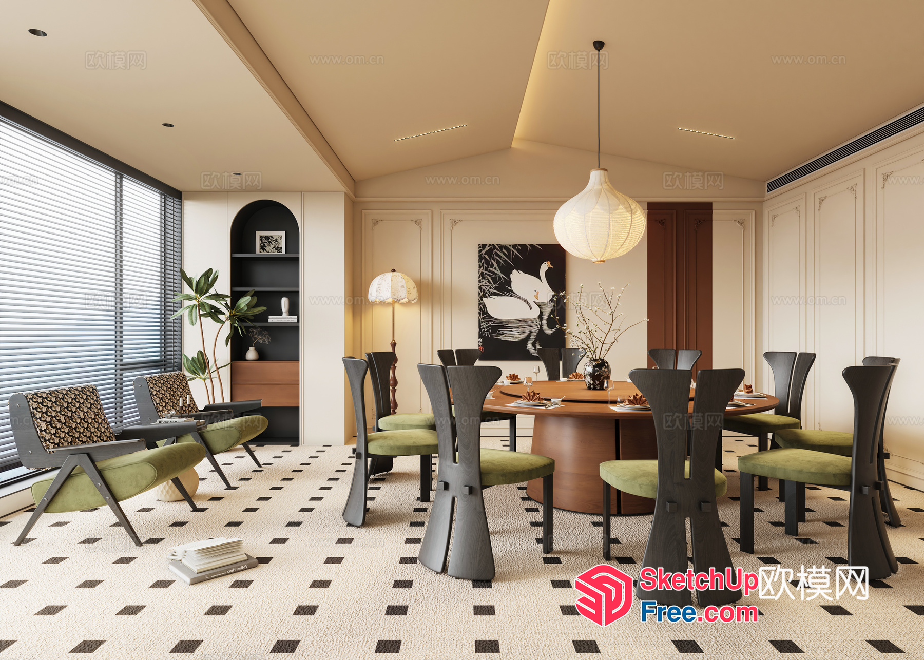 Elegant Dining Room With Classic Moulding And Modern Furniture 3D SketchUp File