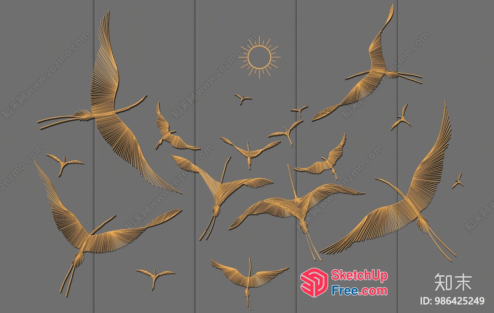 Gold Cranes Flying In The Sky 3D SketchUp File