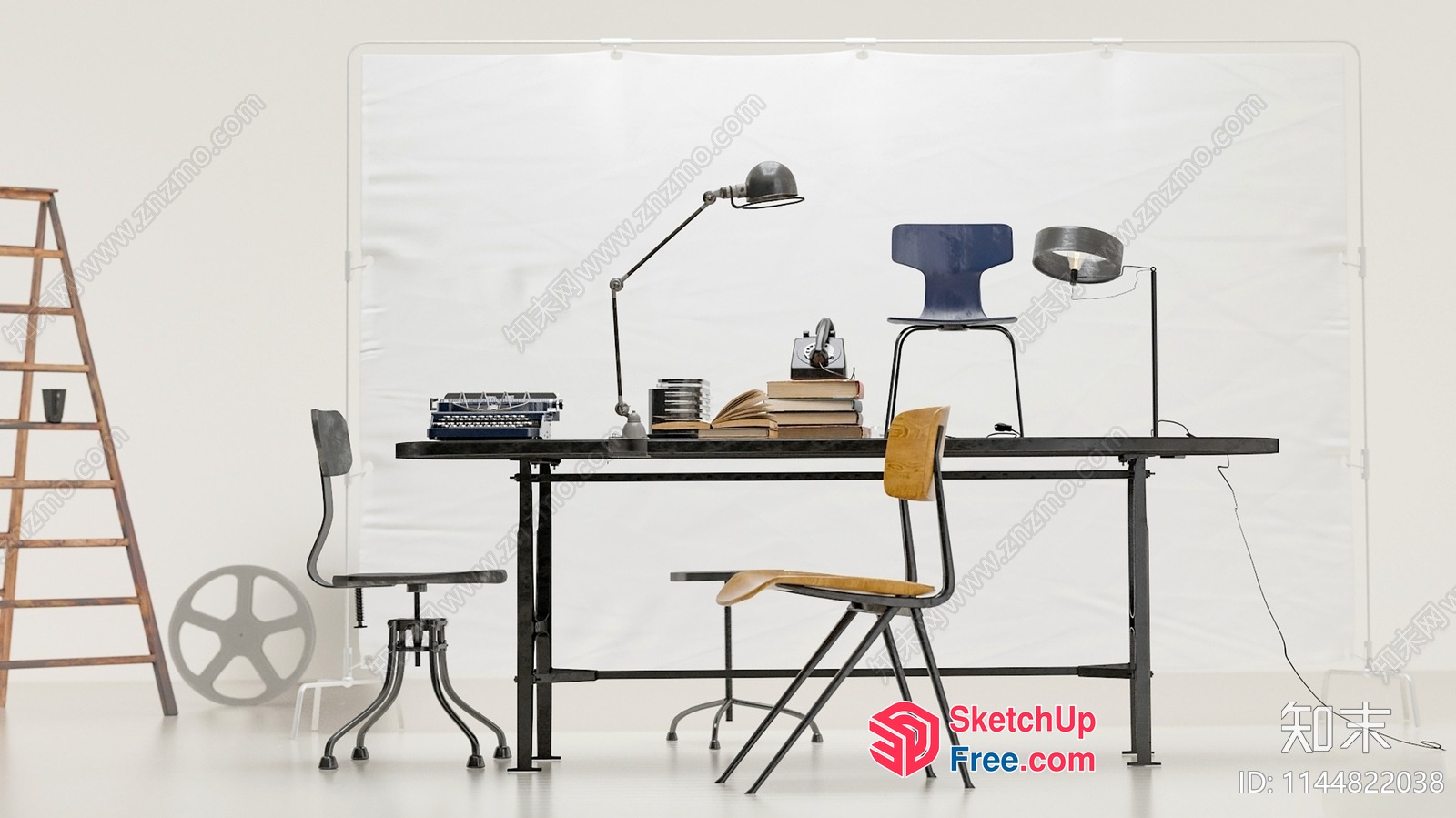 Minimalist Office Workspace With Vintage Typewriter And Desk Lamp 3D SketchUp File