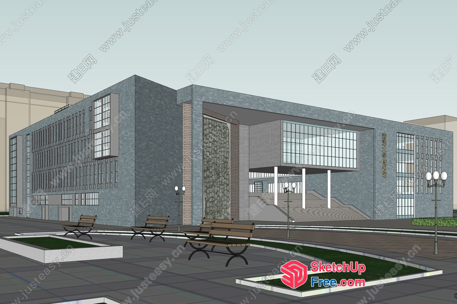 Modern Building Exterior With Stairs And Benches 3D SketchUp File