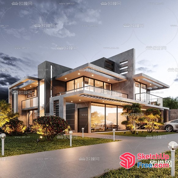 Contemporary Villa Exterior With Modern Design And Glass Curtain Wall 3D SketchUp File