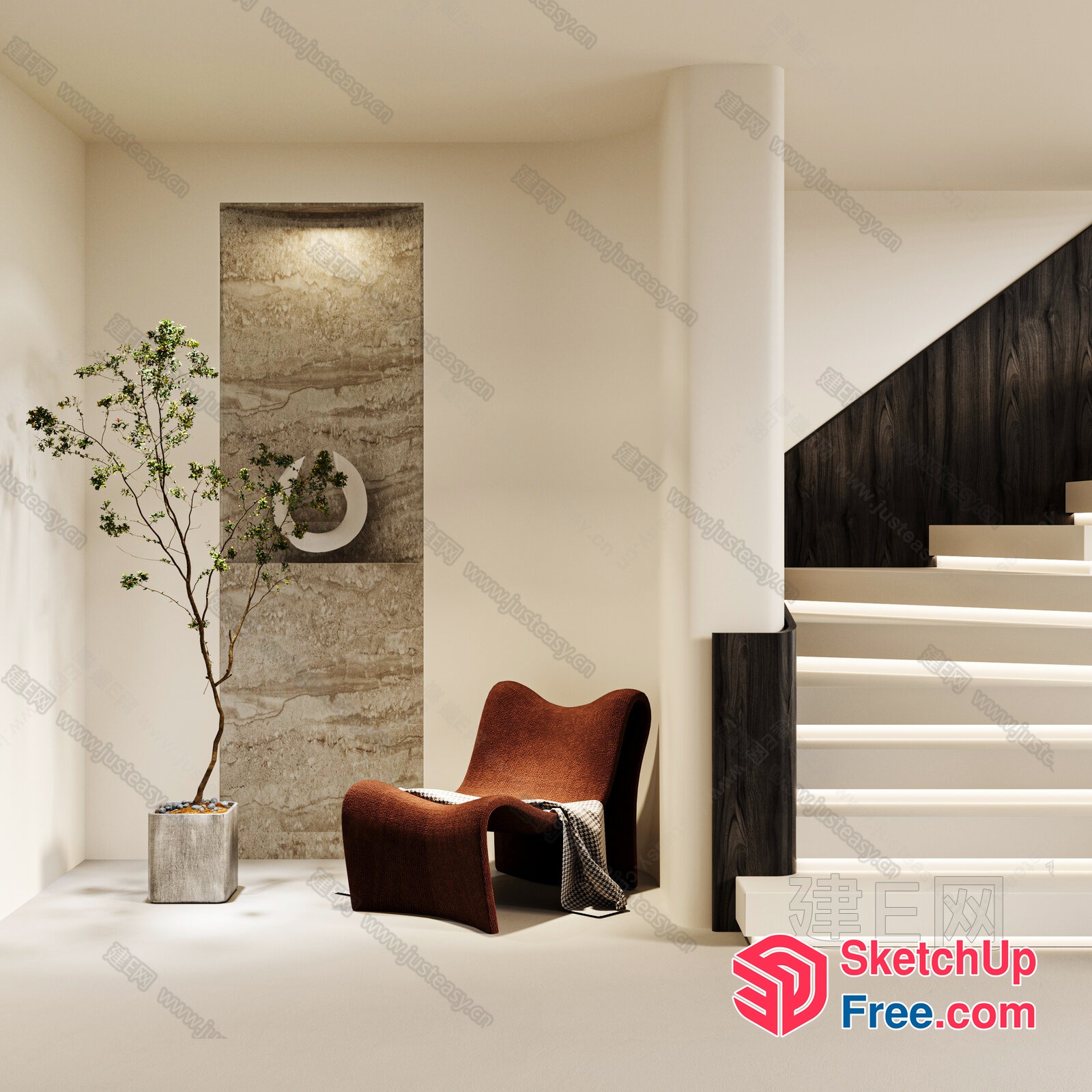 Modern Minimalist Interior Design With Staircase And Plant 3D SketchUp File