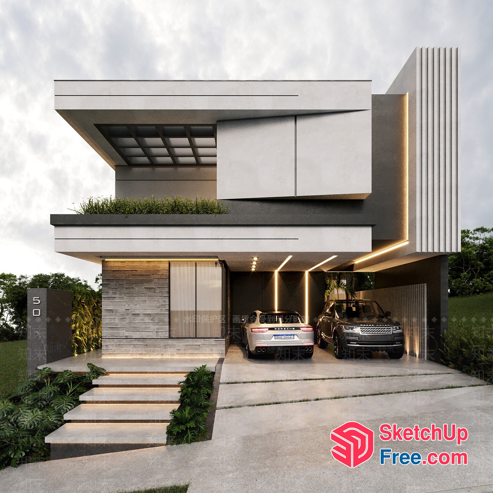 Modern Villa With Sleek Garage And Staircase 3D SketchUp File