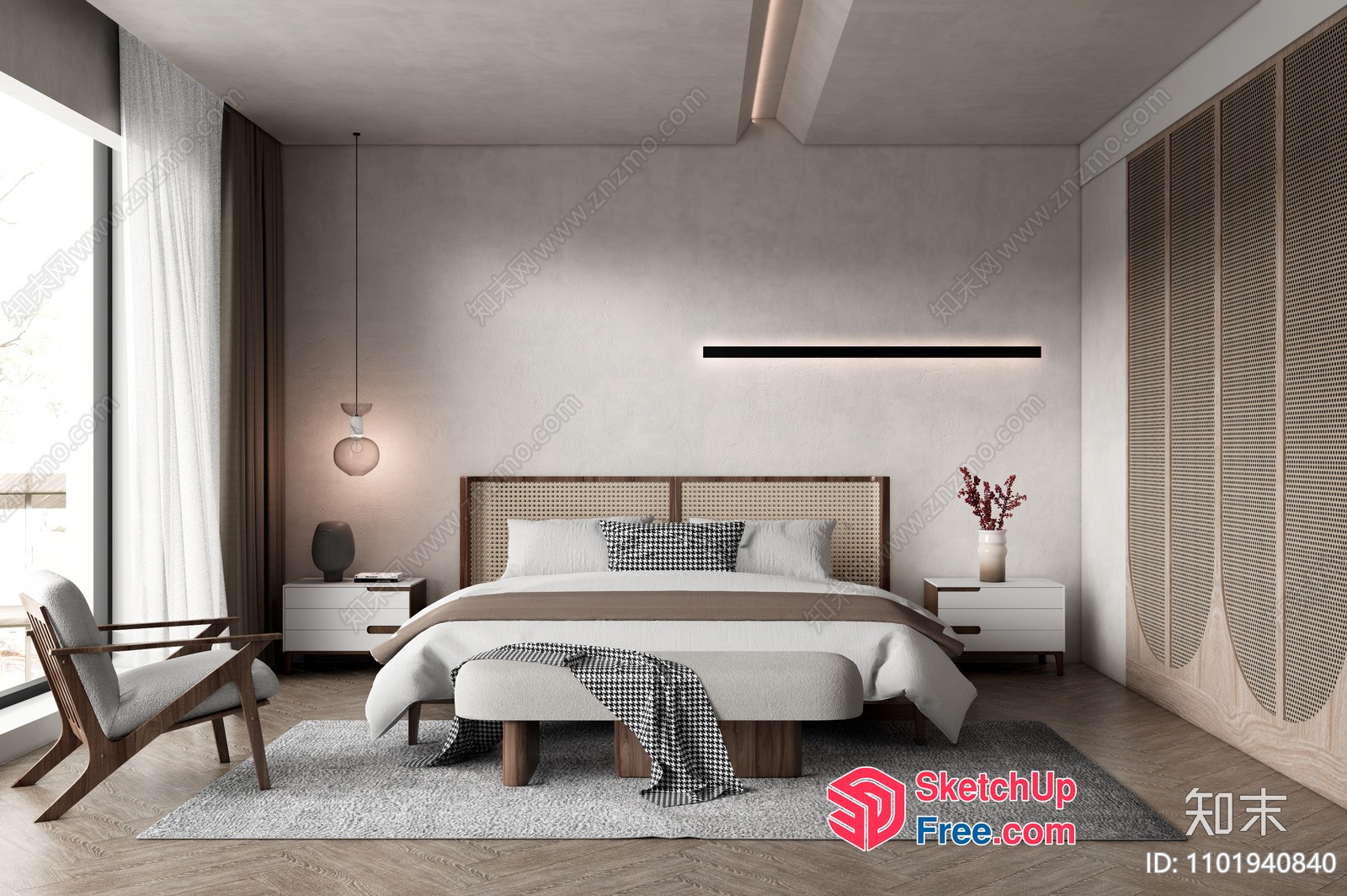 Modern Bedroom With Rattan Bed Head And Neutral Decor 3D SketchUp File