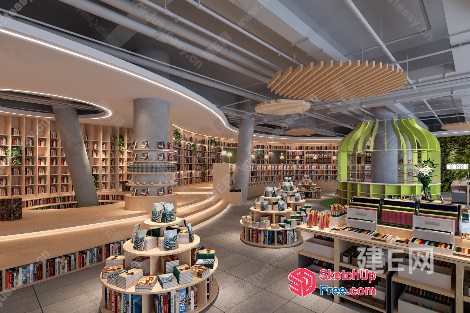 Modern Library Interior With Bookshelves And Reading Areas 3D SketchUp File