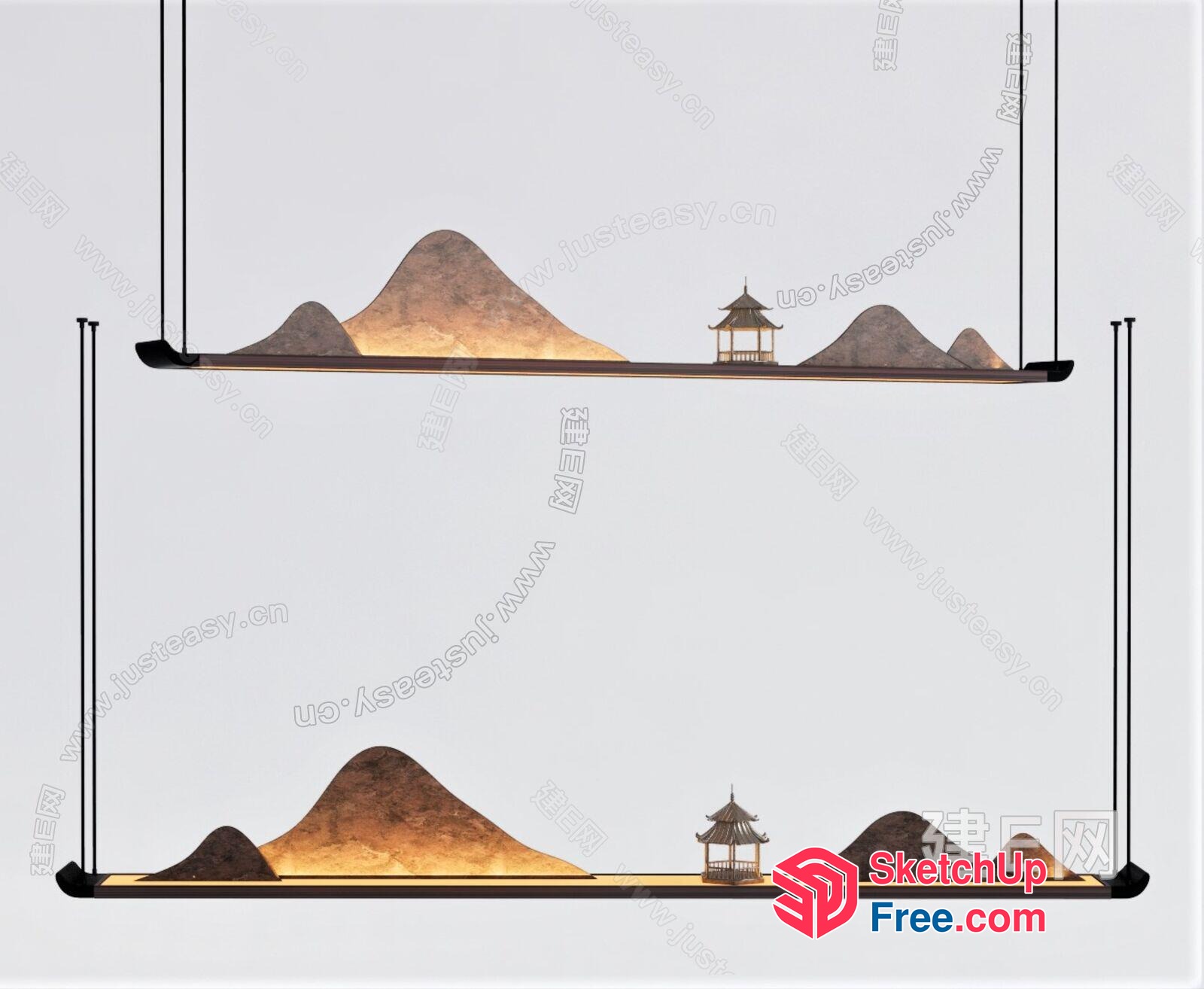 Asian-Inspired Lighting Fixture With Mountain And Pavilion Scene 3D SketchUp File