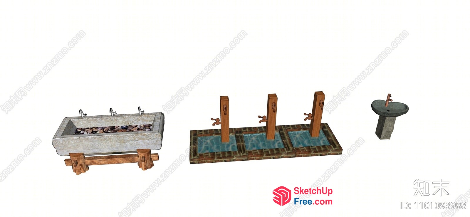 Three Stone Basins With Wooden Stands 3D SketchUp File