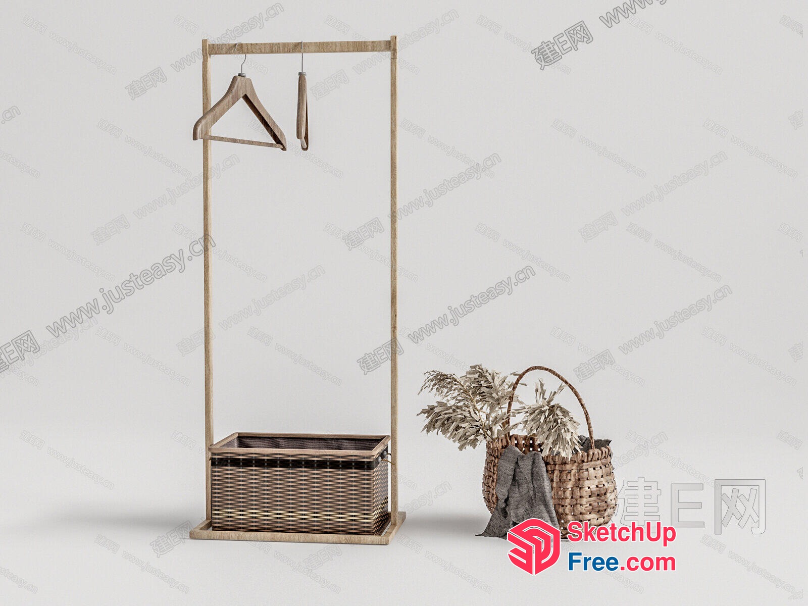 Minimalist Style Wooden Wardrobe With Hanging Rod And Storage 3D SketchUp File