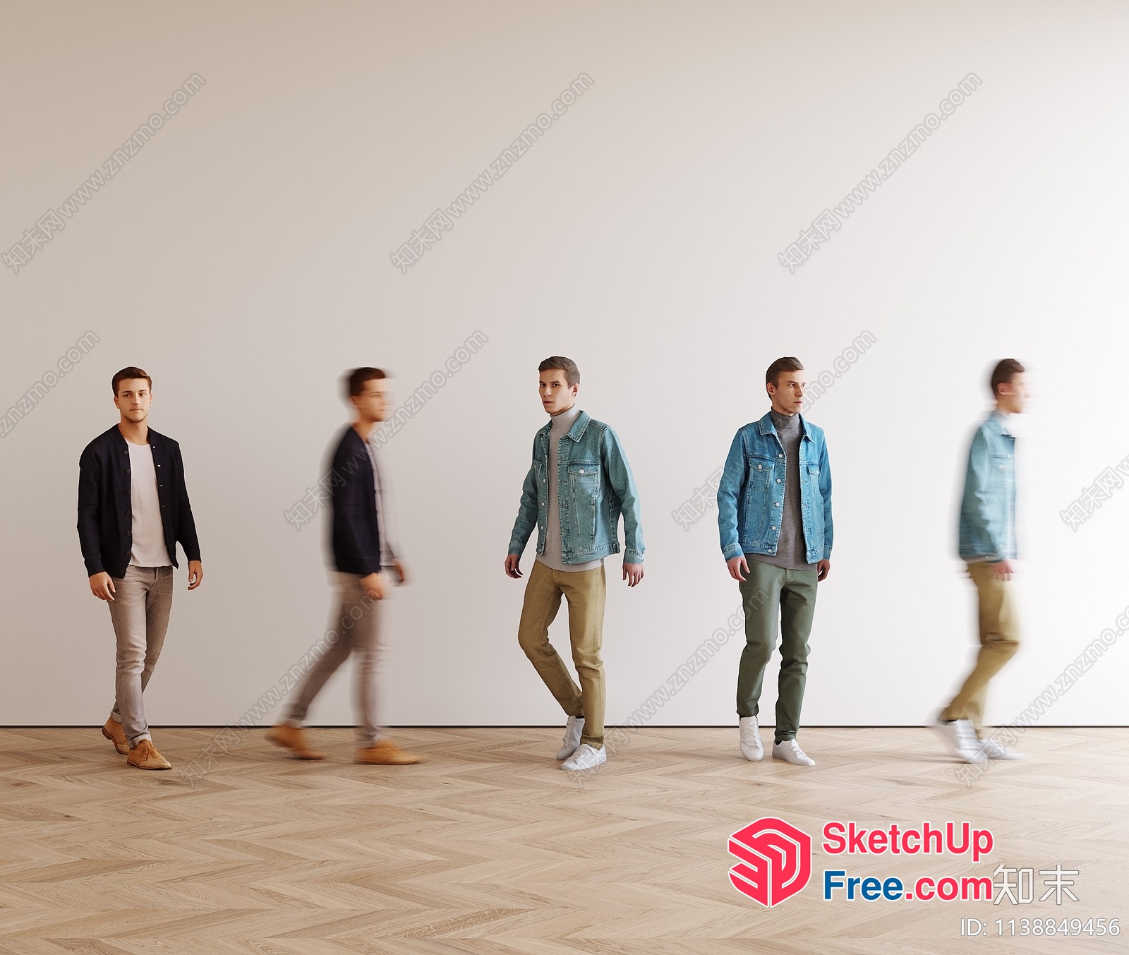 Four Men In Different Outfits Walking In A Room 3D SketchUp File