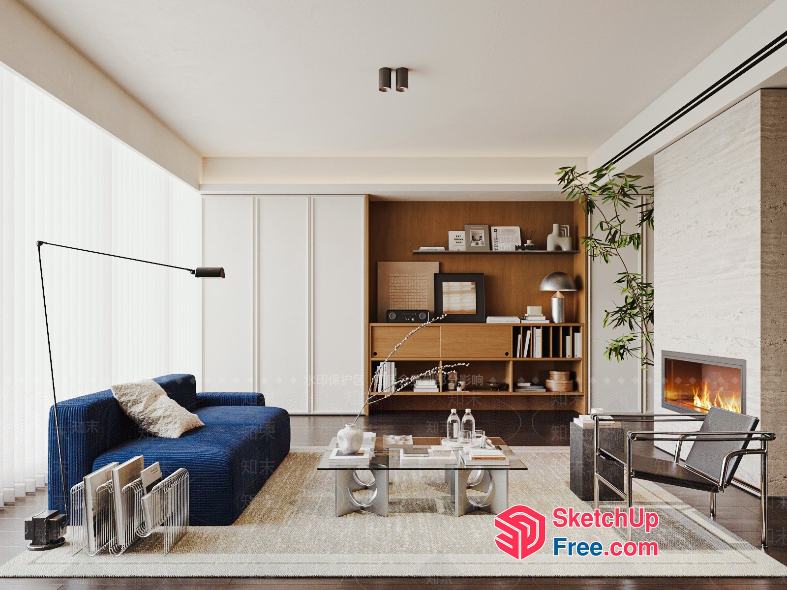 Modern Minimalist Living Room With Fireplace And Blue Sofa 3D SketchUp File