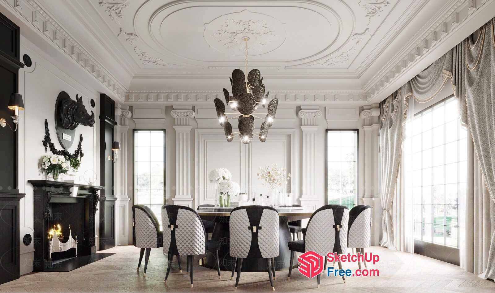 Elegant White Dining Room With Fireplace And Pillars 3D SketchUp File