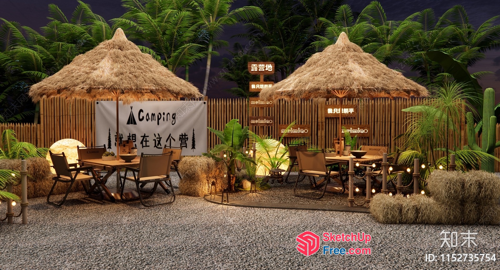 Tropical Camping Scene With Thatched Roofs And Outdoor Dining 3D SketchUp File