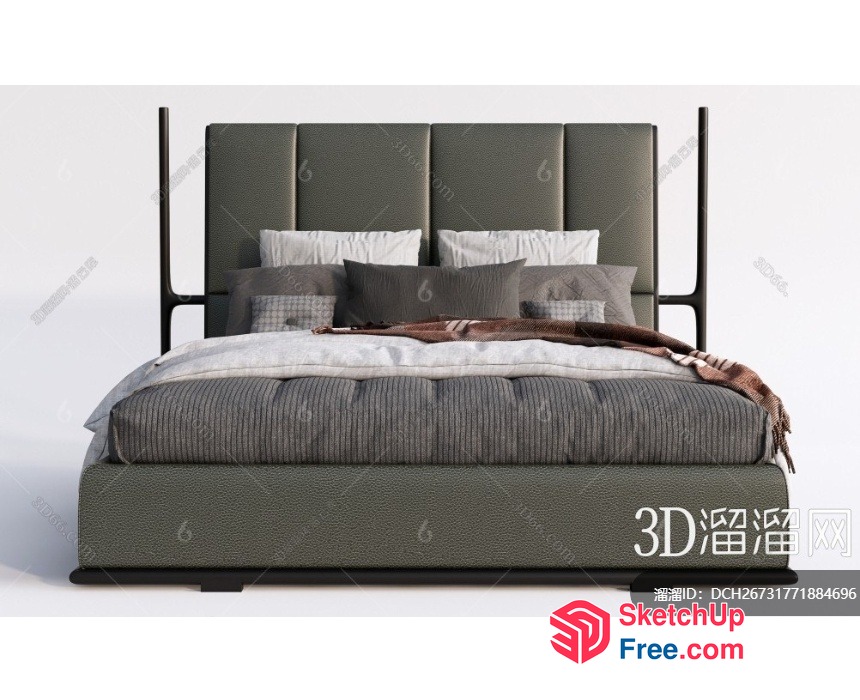 Gray Bed With Headboard And Pillows 3D SketchUp File