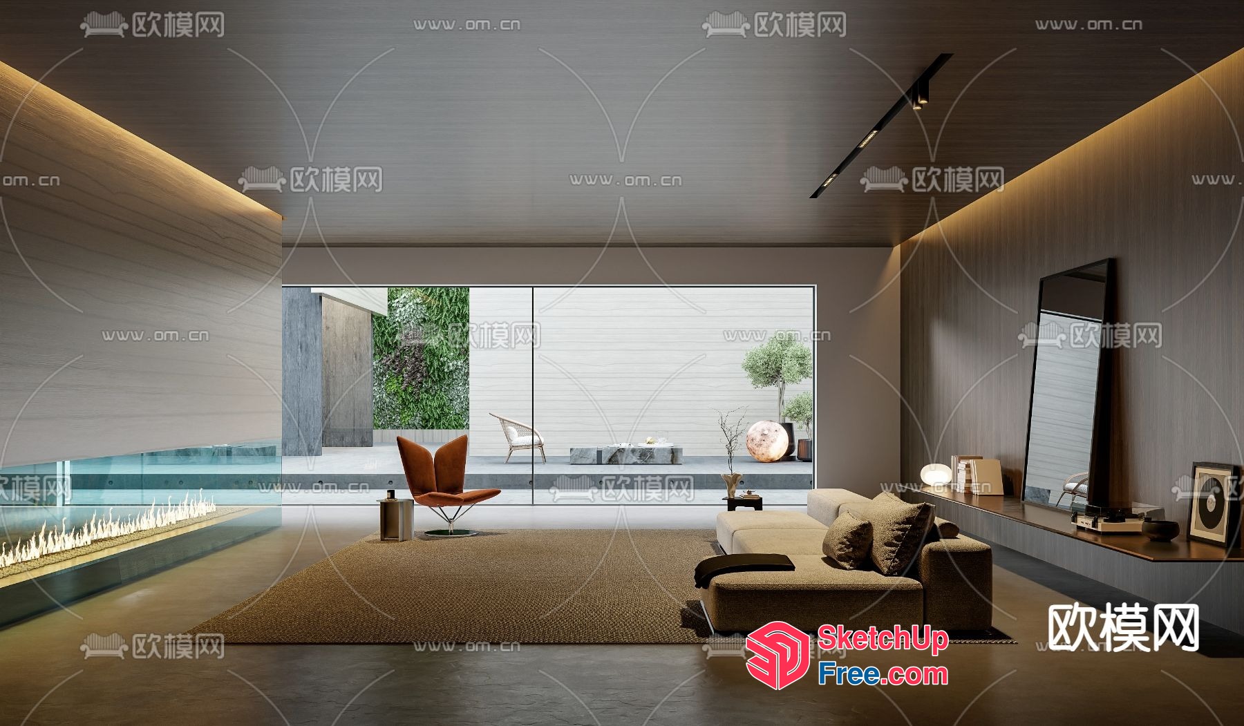Minimalist Modern Living Room With Fireplace And Large Window 3D SketchUp File