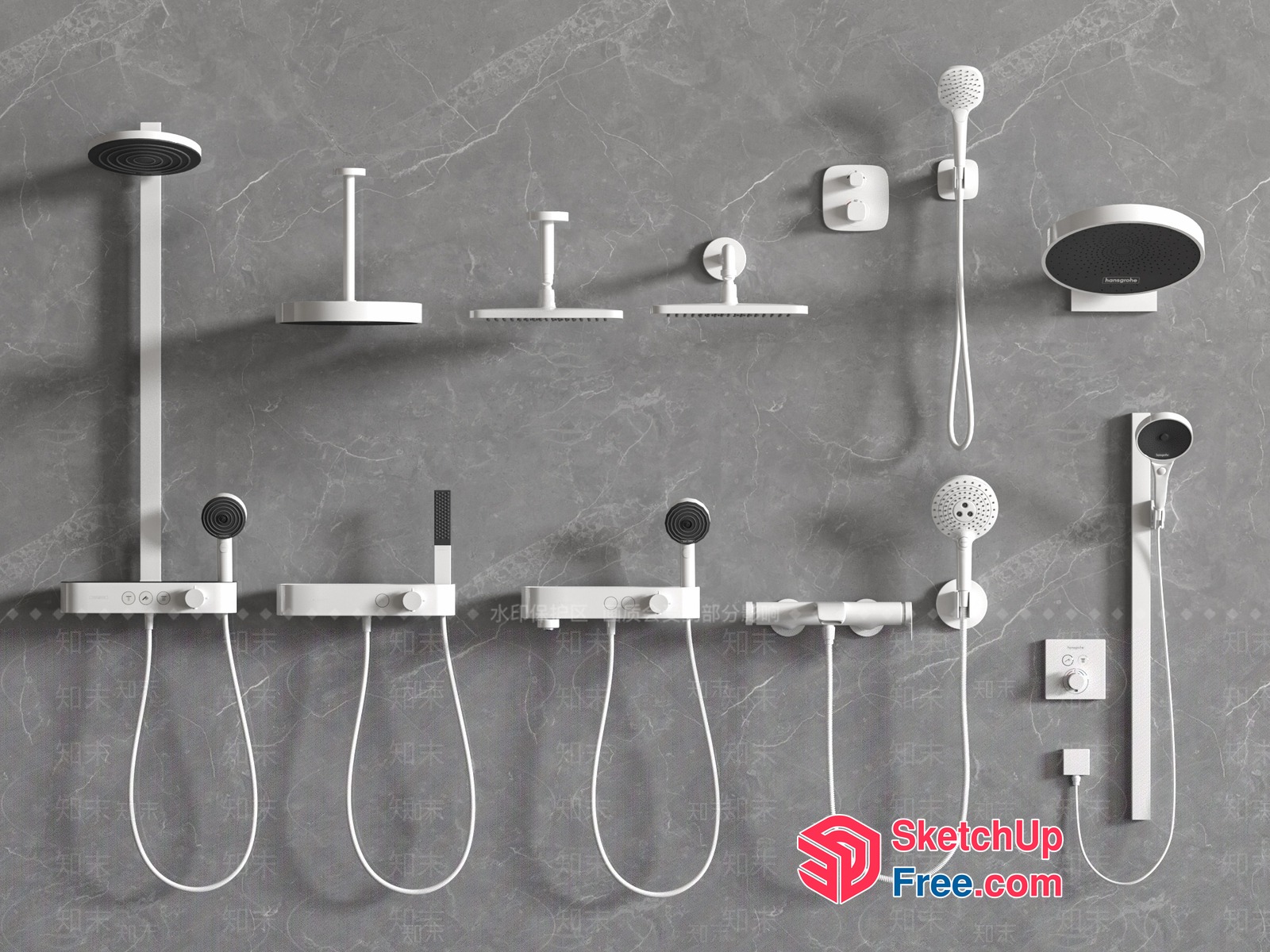 Shower Heads And Faucets On A Gray Marble Wall 3D SketchUp File