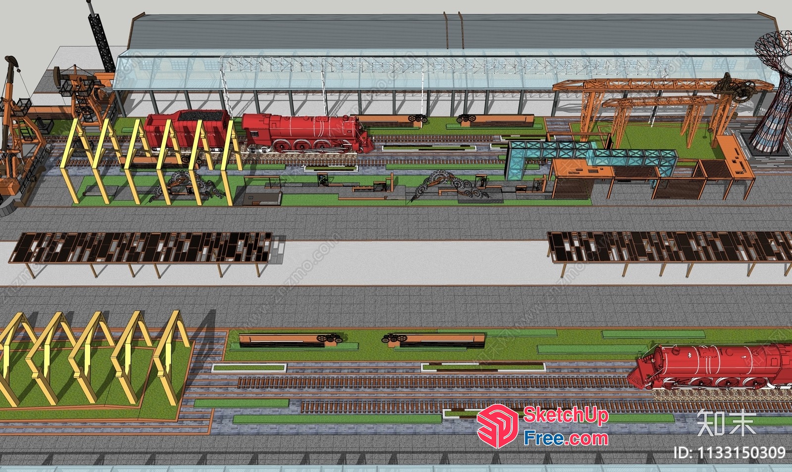 Train Station Platform With Train And Ladder 3D SketchUp File