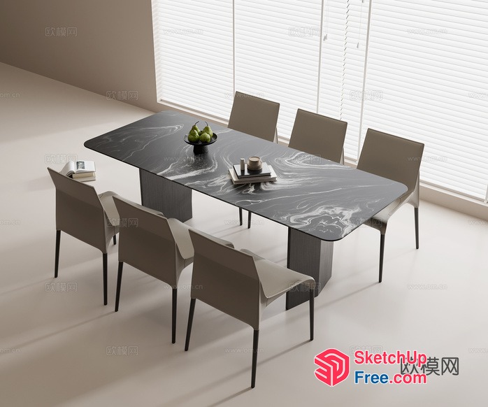 Modern Dining Room Interior With Black Marble Table 3D SketchUp File