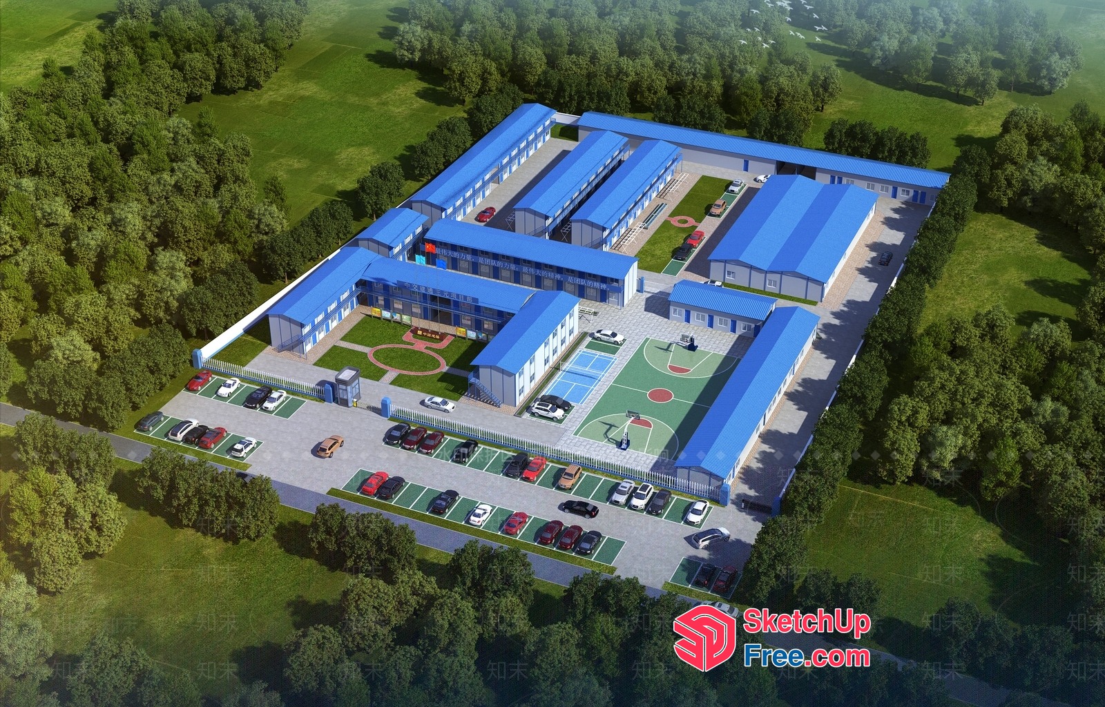 Modern School Campus With Sports Facilities And Parking 3D SketchUp File