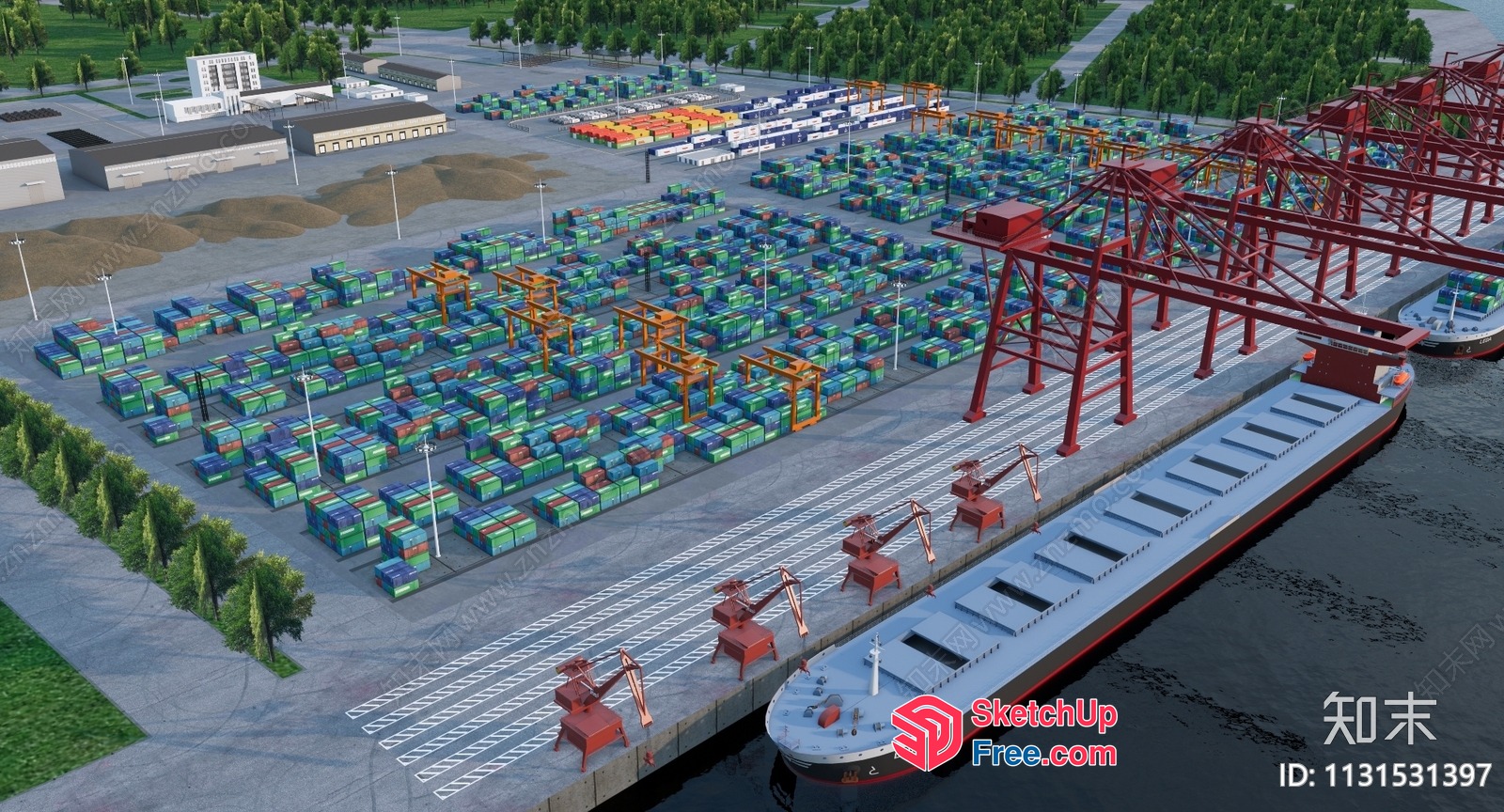 Industrial Shipping Yard Scene With Cargo Containers And Cranes 3D SketchUp File