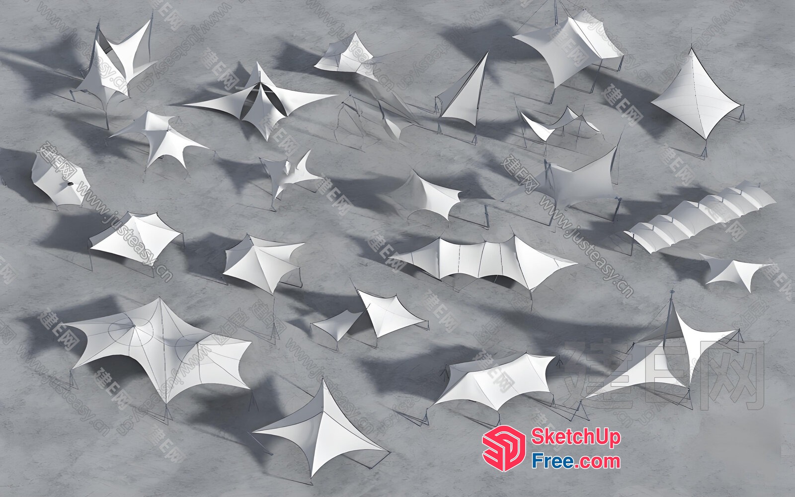 White Star-Shaped Tents On Gray Background 3D SketchUp File