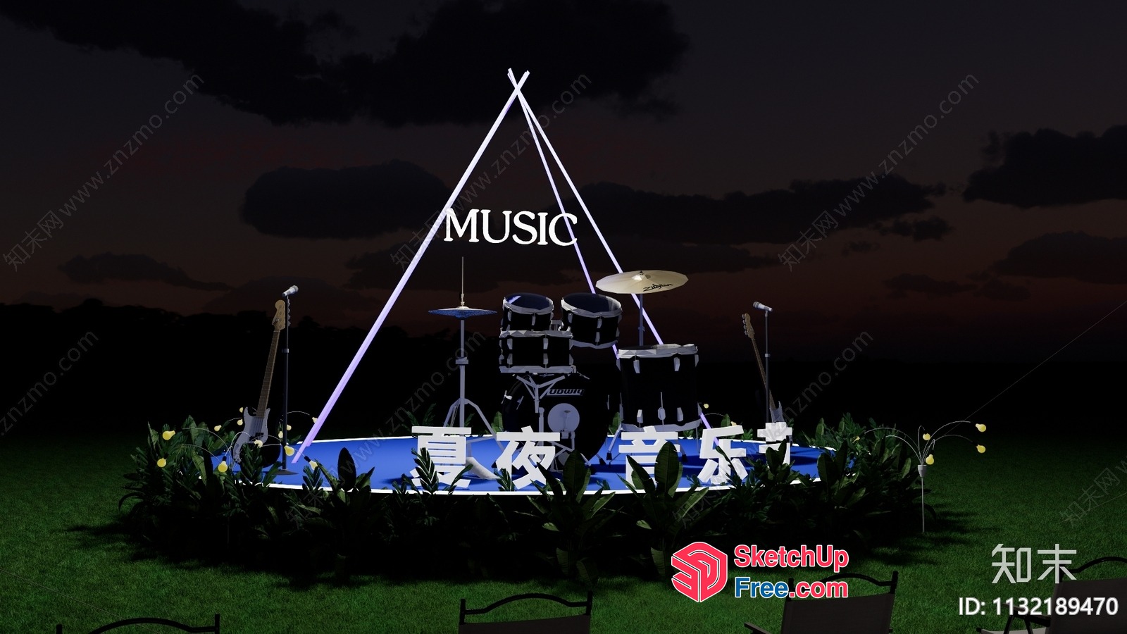 Outdoor Stage With Musical Instruments 3D SketchUp File