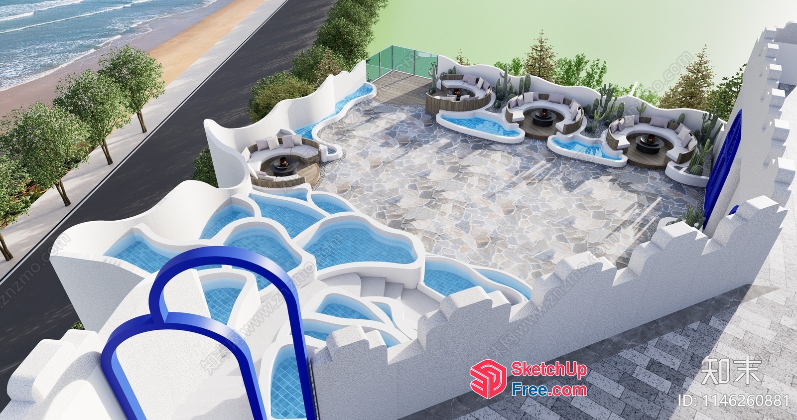 Unique Outdoor Pool Design With Seating Areas 3D SketchUp File