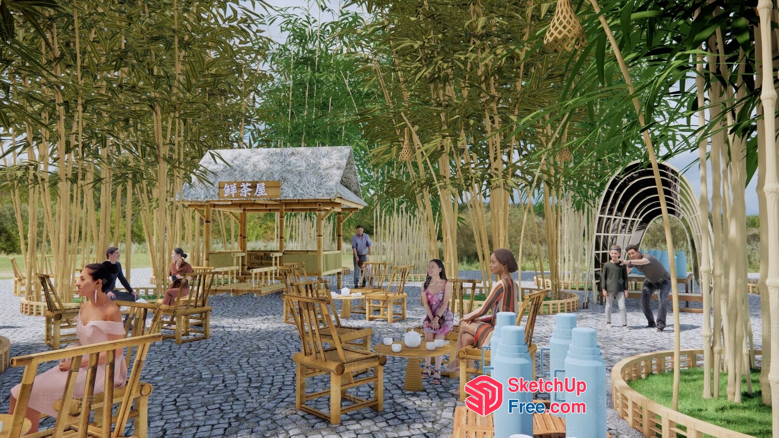 Bamboo-Themed Outdoor Seating Area 3D SketchUp File