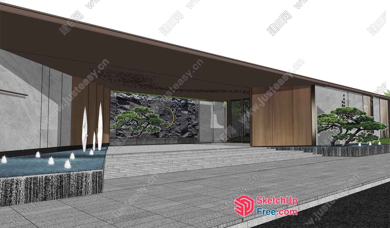 Modern Asian-Style Building With Water Features And Stairs 3D SketchUp File