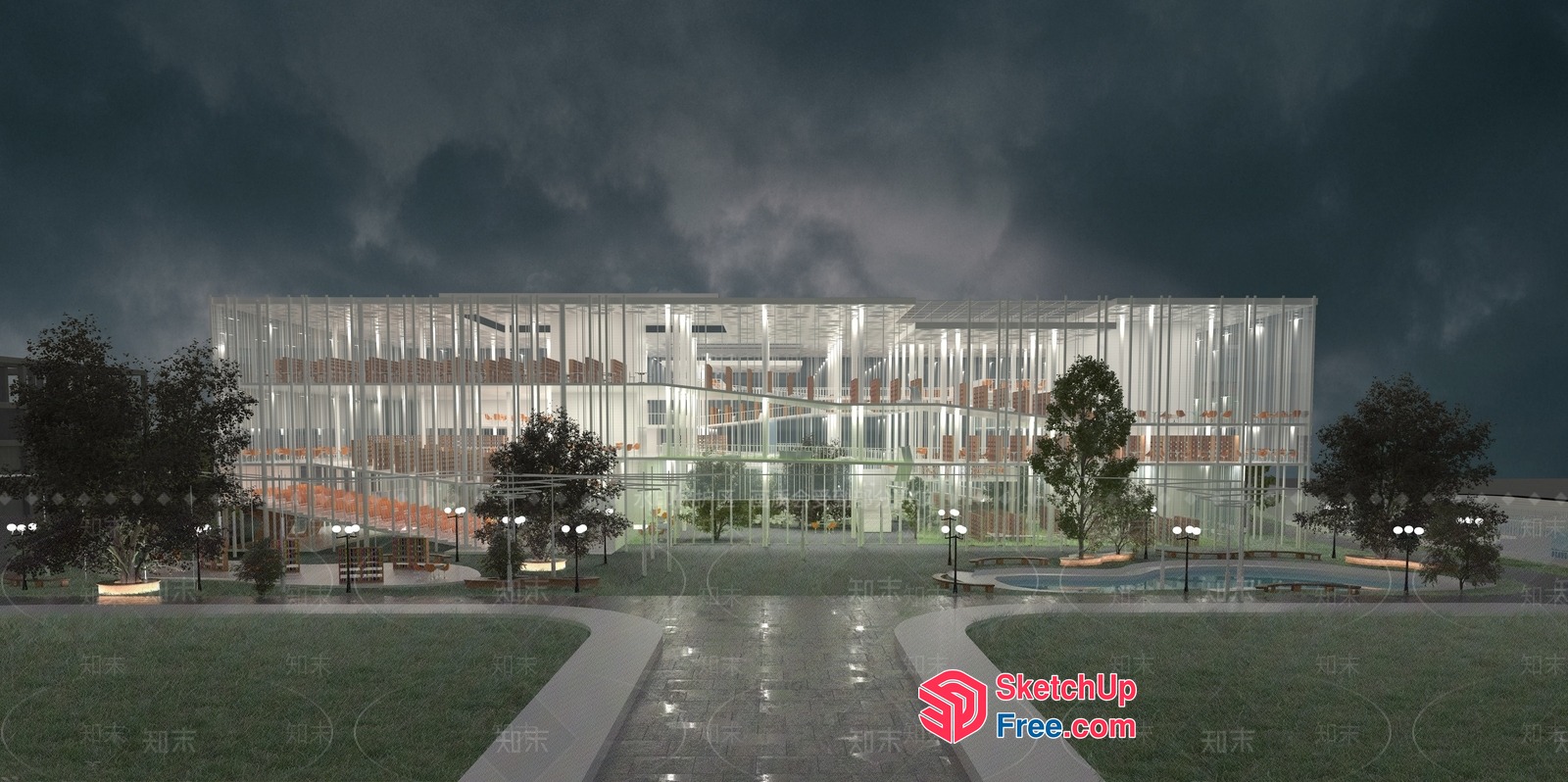 Modern Glass Building Exterior With Elegant Lighting 3D SketchUp File