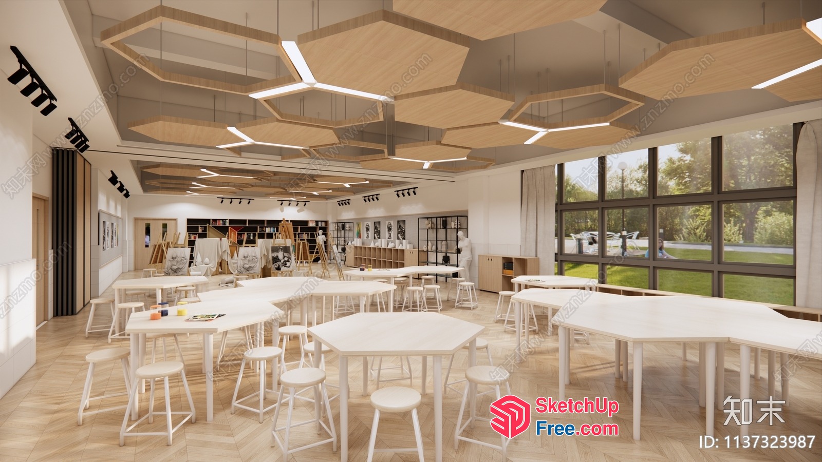 Modern Light-Filled Classroom With Large Windows And White Furniture 3D SketchUp File