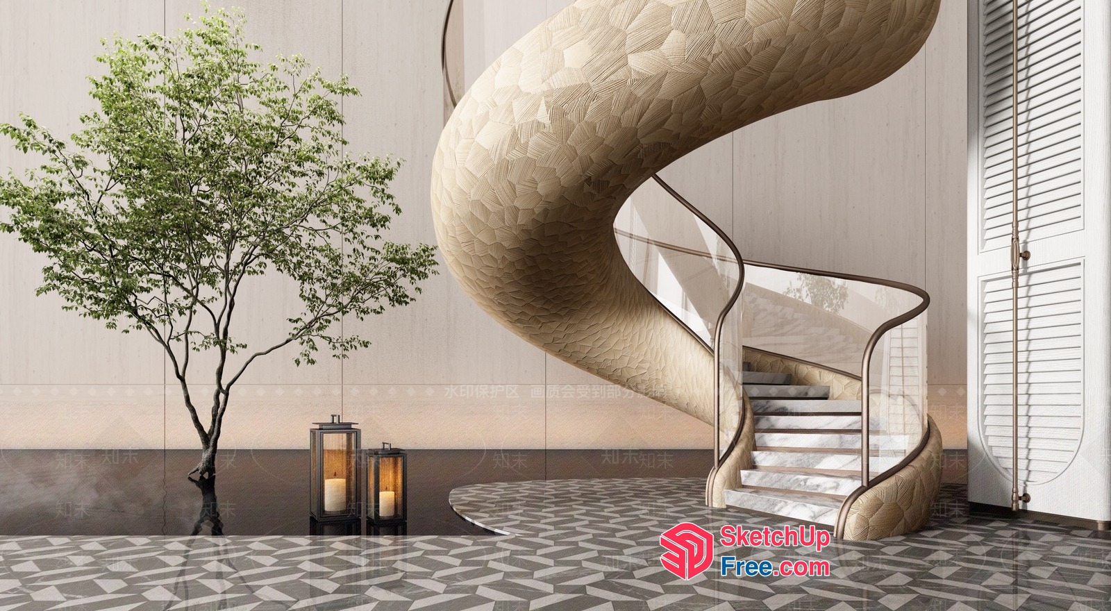 Elegant Spiral Staircase With Marble Steps And Glass Railings 3D SketchUp File