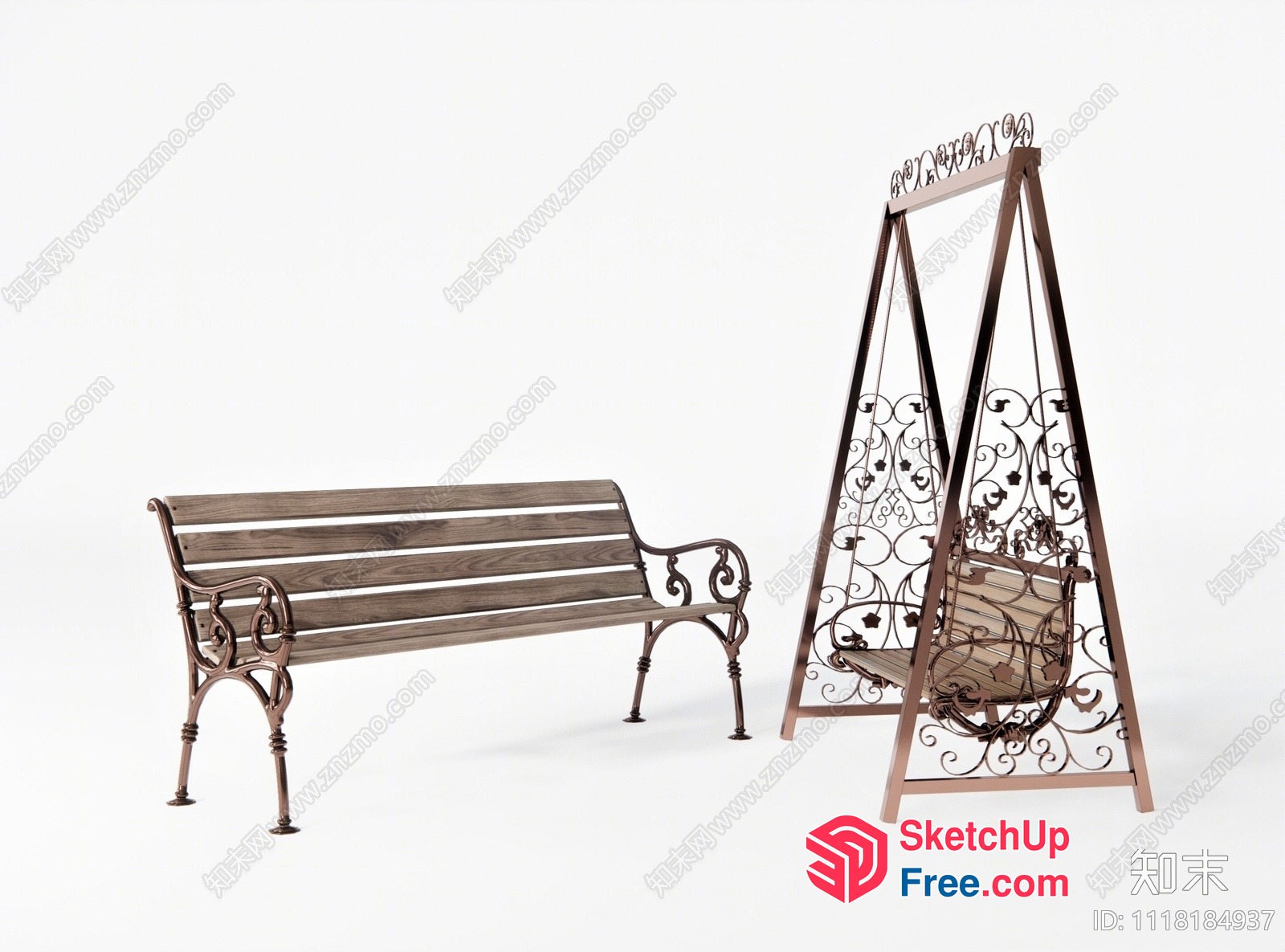 Ornate Metal And Wood Bench And Swing Set 3D SketchUp File