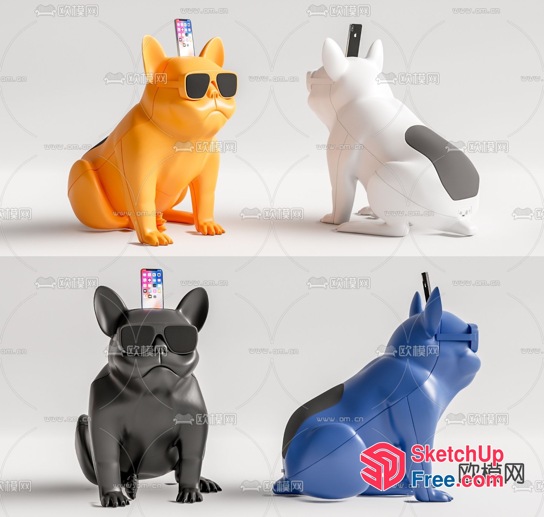 Vibrant Colorful French Bulldog Figurines With Remote Control 3D SketchUp File