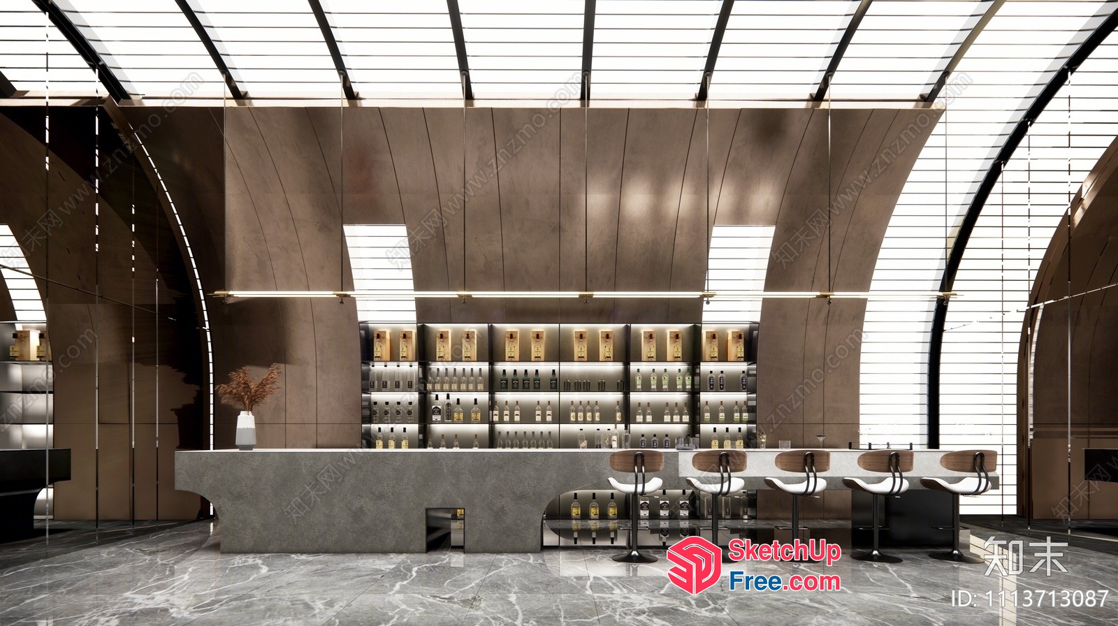 Modern Bar Interior With Sleek Bar Stools And Marble Flooring 3D SketchUp File