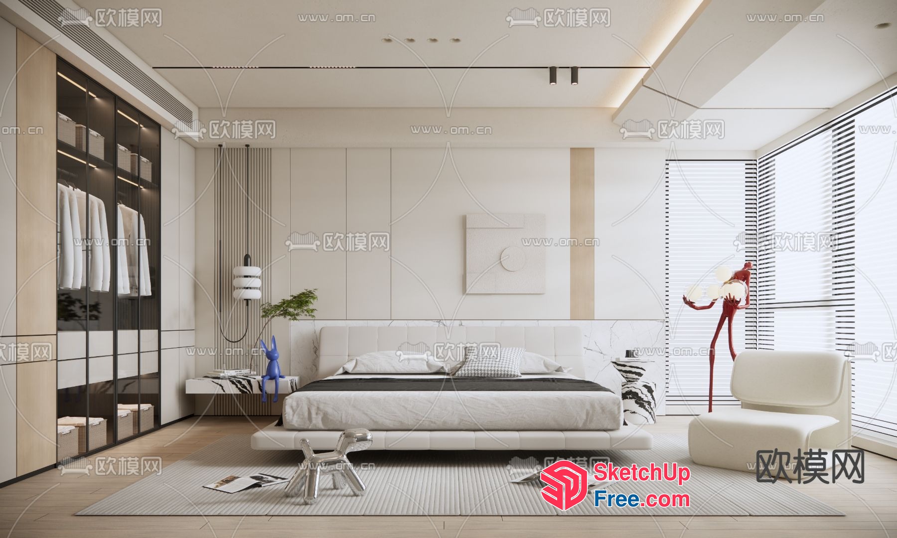 Minimalist White Bedroom With Modern Furniture And Decor 3D SketchUp File