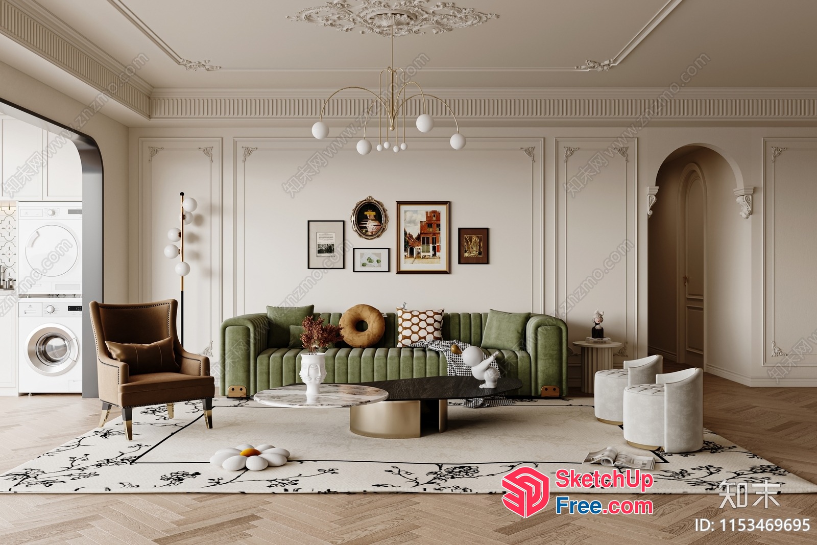Elegant Living Room With Classic Moulding And Green Sofa 3D SketchUp File