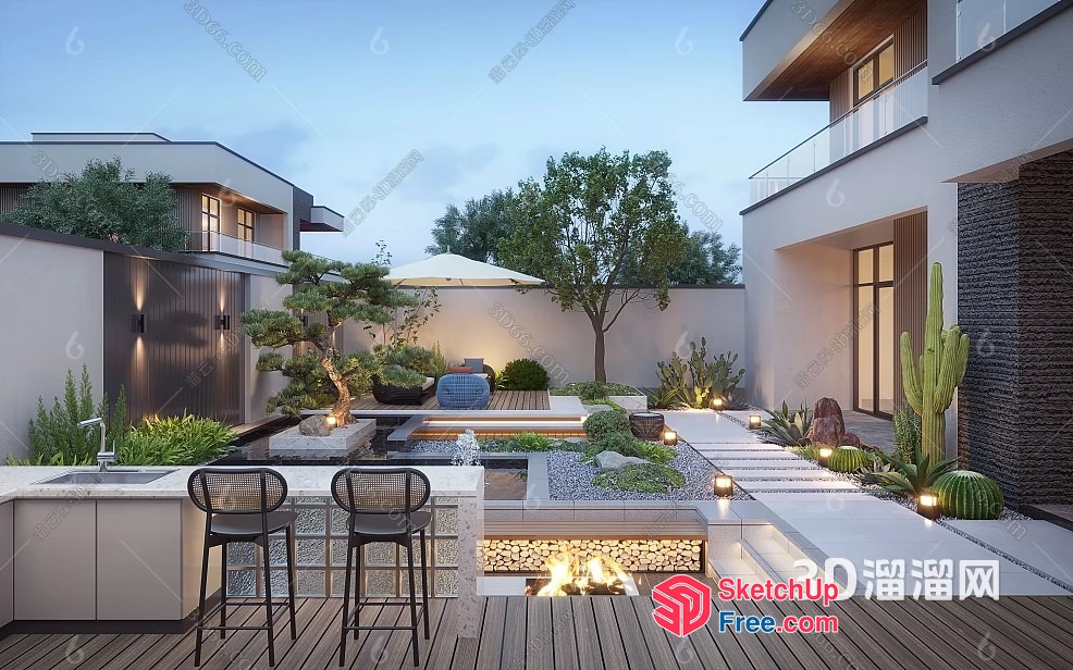 Modern Outdoor Space With Water Feature And Seating 3D SketchUp File