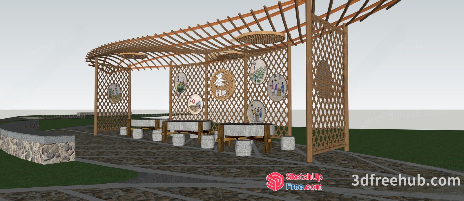 Outdoor Seating Area With Lattice Structure 3D SketchUp File