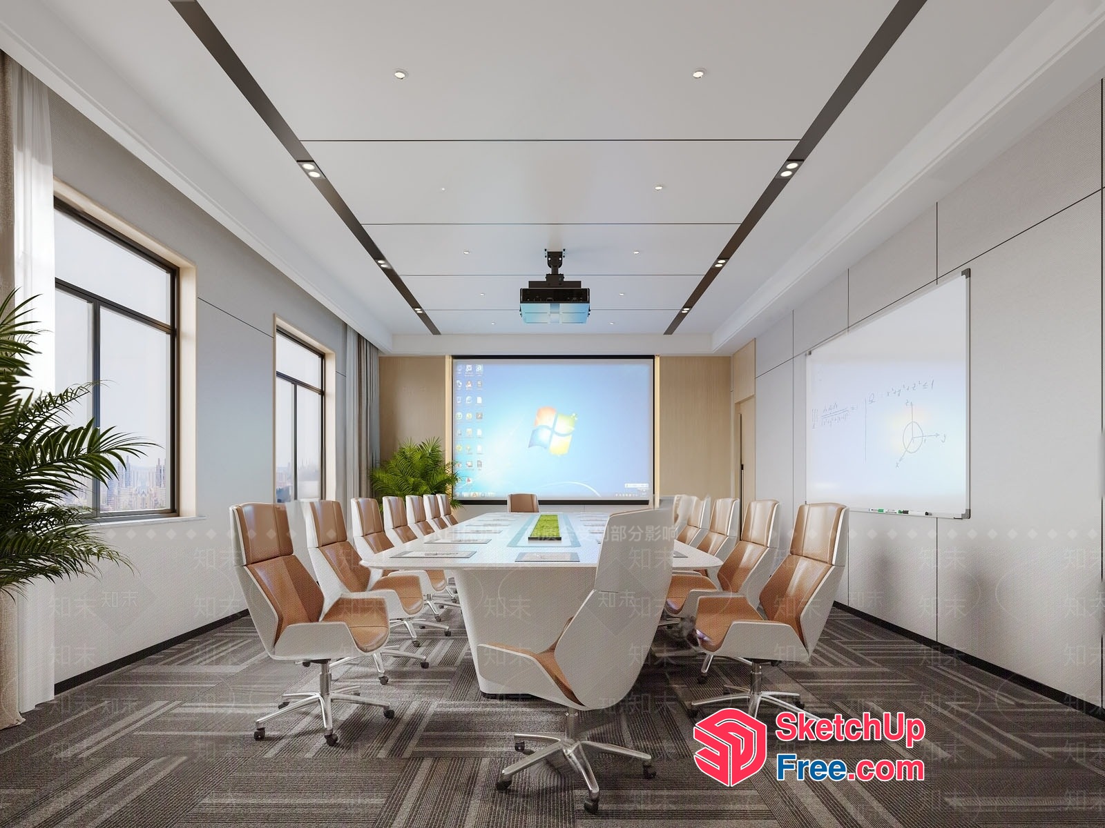 Modern Conference Room With White Table And Brown Chairs 3D SketchUp File